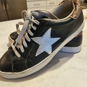 Steve Madden Black Leather Sneakers with Leopard Accent